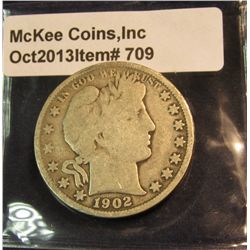 709. 1902 P U.S. Barber Half Dollar. G+. Redbook value $15.00