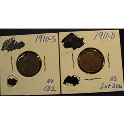 723. 1910 S VG & 11 D EF Lincoln Cents. Redbook value $70.00.