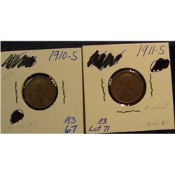 724. 1910 S VG & 11 S G Lincoln Cents. Redbook value $70.00.