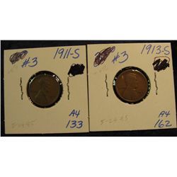 725. 1911 S VG & 13 S G Lincoln Cents. Redbook value $69.00.