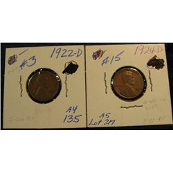 729. 1922 D & 24 D Lincoln Cents. G-VG. Redbook value $60.00.