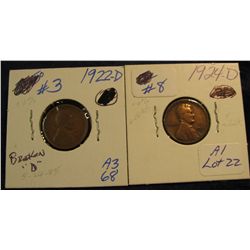 730. 1922 D & 24 D Lincoln Cents. G-VG. Redbook value $60.00.