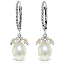 14K WHITE GOLD 1.00ct WHITE TOPAZ & PEARL EARRINGS