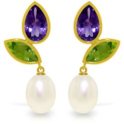 14k Gold Amethyst, Peridot and Pearl Earrings