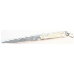 COLLECTORS EDITION 7.5" WHITE METAL HANDLE FOLDING KNIF