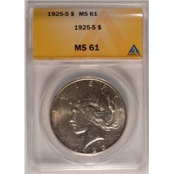 1925-S PEACE SILVER DOLLAR, ANACS MS-61  NICE COIN