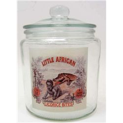 15196 - BLACK AMERICAN LITTLE AFRICA SMALL GLASS ADVERTISING COUNTER JAR