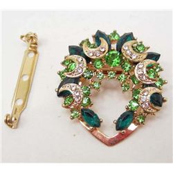 7182 - 18K GOLD PLATED GREEN RHINESTONE MOON BROOCH