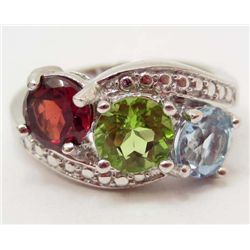 6950 - STERLING SILVER PERIDOT, RHODORITE GARNET AND TOPAZ RING SIZE 8