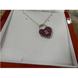 SILVER NECKLACE - HEART LOCK - WITH 11 DIAMONDS & 41 PINK CRYSTALS - .925 SILVER - MADE IN ITALY - I