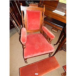 TURN OF THE CENTURY CARVED &  UPHOLSTERED ARM CHAIR