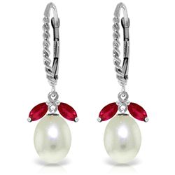 8.00ct Pearl and 1.0ct Ruby Leverback Earrings in 14k WG