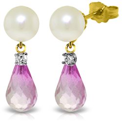 14k YG 4.50ct Pink Topaz, Diamond & Pearl Earrings