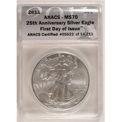 2011 SILVER AMERICAN EAGLE ANACS MS70 FIRST DAY ISSUE