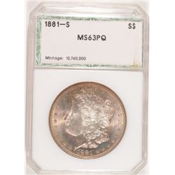 1881-S MORGAN SILVER DOLLAR, PCI GREEN LABEL, MS-63 PQ