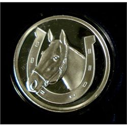 "GOOD LUCK" WITH HORSESHOE AND HORSE HEAD ON A  ONE OUNCE .999 SILVER ART ROUND