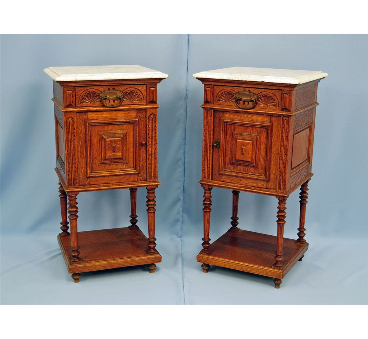 Pair of Continental Marble Top Oak Nightstands
