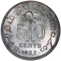 Ceylon 1922 50 Cent - Choice Unc