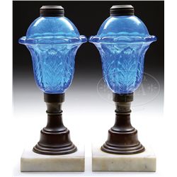 PAIR OF BLUE ACANTHUS LEAF FLUID LAMPS.