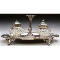 STERLING SILVER & GLASS DOUBLE INKWELL.