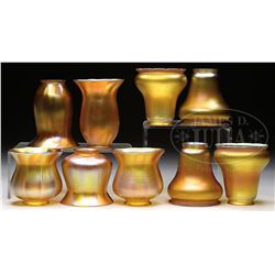 LOT OF GOLD QUEZAL ART GLASS SHADES.