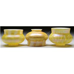 THREE QUEZAL ART GLASS SHADES.
