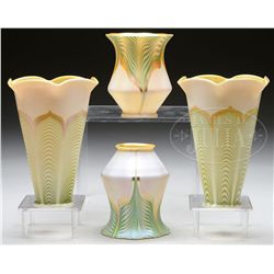 FOUR PULLED FEATHER ART GLASS SHADES.