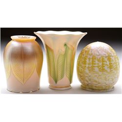THREE QUEZAL ART GLASS SHADES.