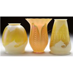 THREE QUEZAL ART GLASS SHADES.