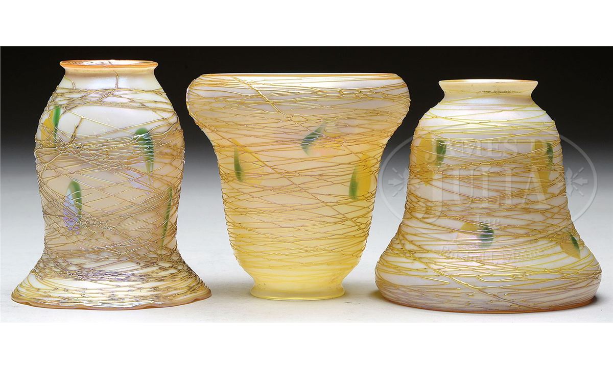 THREE THREADED ART GLASS SHADES.