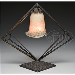 FRENCH IRON AND ART GLASS LAMP.