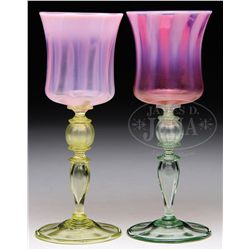 TWO TIFFANY PASTEL WINE GLASSES.