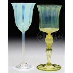 TWO TIFFANY PASTEL WINE GLASSES.
