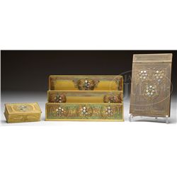 THREE TIFFANY STUDIOS ABALONE DESK ACCESSORIES.