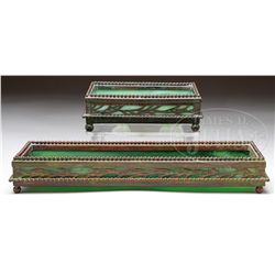 TWO TIFFANY STUDIOS PINE NEEDLE/GRAPEVINE VARIANT TRAYS.