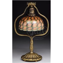 TIFFANY STUDIOS HARP DESK LAMP WITH QUEZAL SHADE.