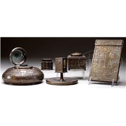 FIVE-PIECE TIFFANY PINE NEEDLE DESK SET.