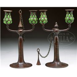 PAIR OF TIFFANY STUDIOS DOUBLE ARM CANDLESTICKS.