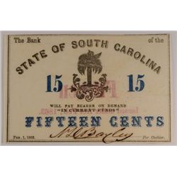 1863 FIFTEEN CENT STATE OF SOUTH CAROLINA NOTE