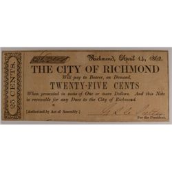 1862 TWENTY FIVE CENT CITY OF RICHMOND, VA NOTE