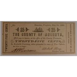 1862 TWENTY FIVE CENT COUNTY OF AUGUSTA STAUNTON, VA