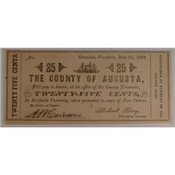 1862 TWENTY FIVE CENT COUNTY OF AUGUSTA STAUNTON, VA