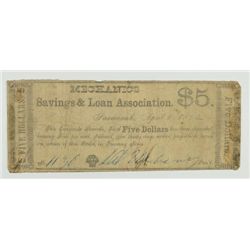 1864 $5 MECHANICS SAVINGS & LOAN ASSOC. GA