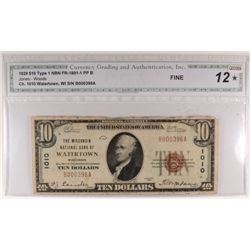 1929 $10 NATIONAL WATERTOWN, WI #1010 CGA 12