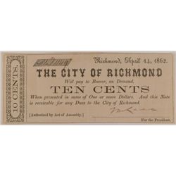 1862 TEN CENT CITY OF RICHMOND, VA NOTE VF