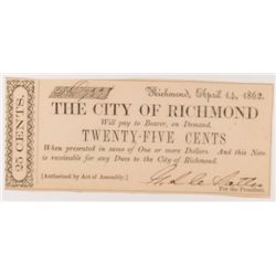 1862 TWENTY FIVE CENT CITY OF RICHMOND, VA NOTE CU