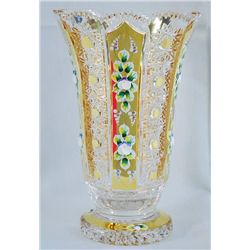 Czech Bohemian Crystal Enamel Vase 24K 10"H