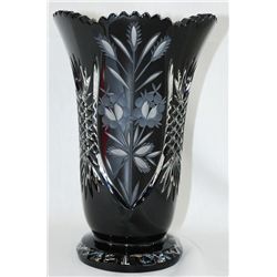 Bohemia Czech Hand Cut Black Crystal Vase 10"H