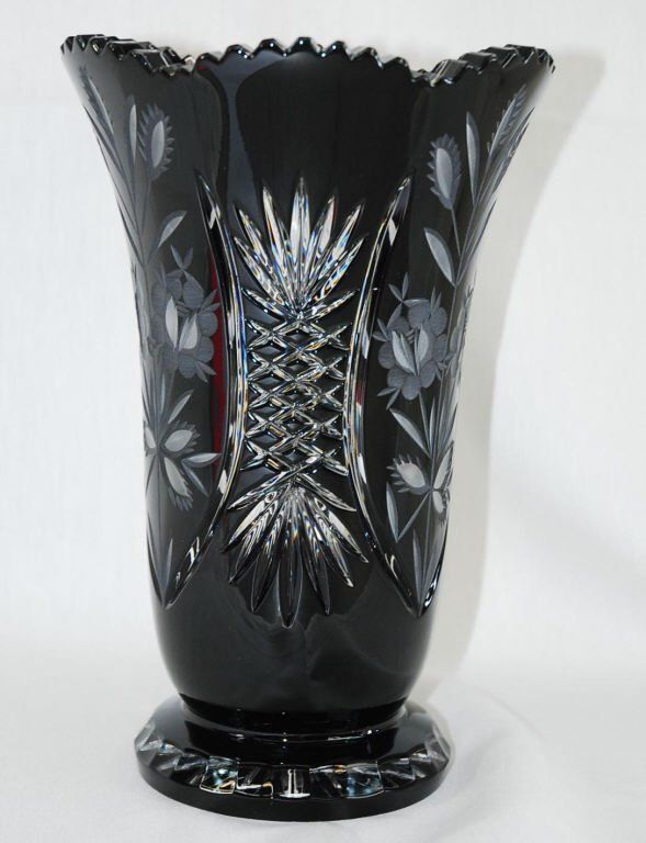 Bohemia Czech Hand Cut Black Crystal Vase 10"H