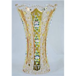Czech Bohemian Crystal Enamel Vase 24K 10"H